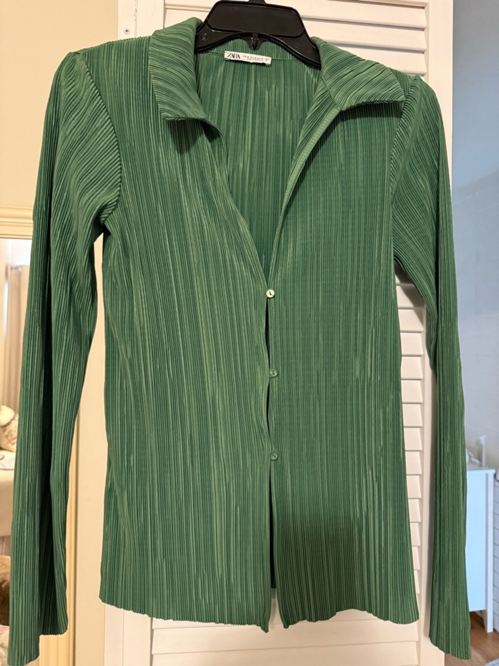 Zara Green Pleated Button-Down Top